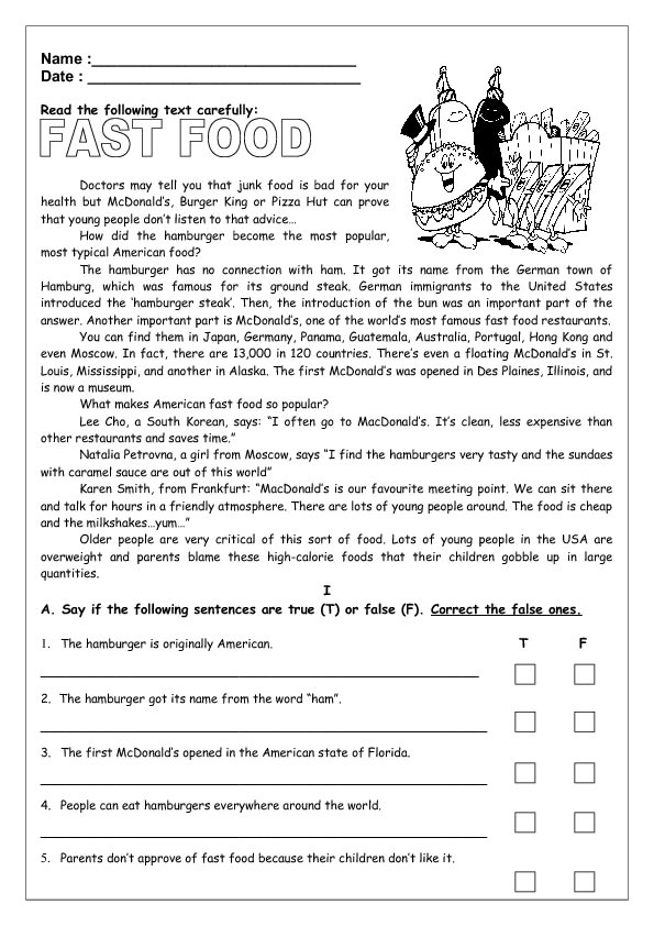 a printable worksheet for fast food