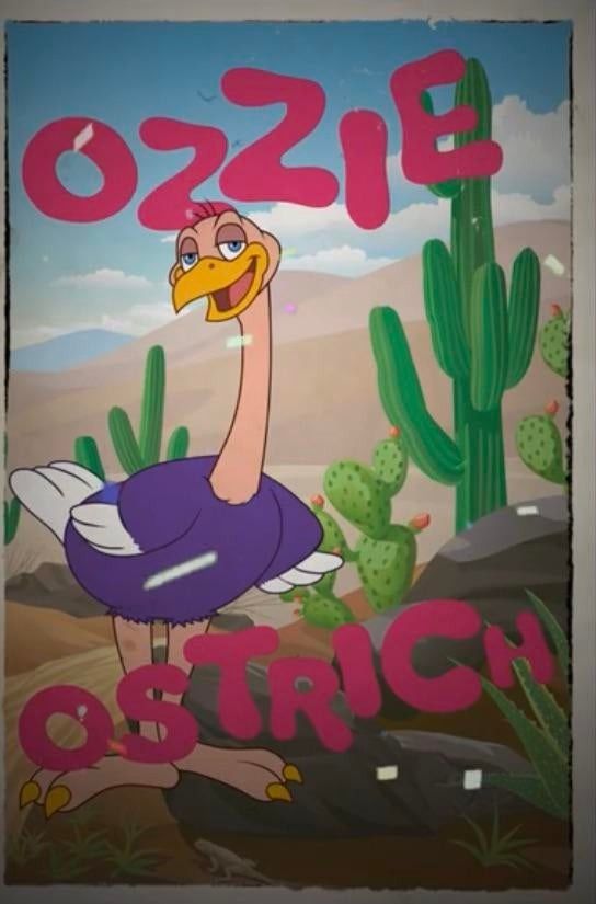 an ostrich standing in front of cactuses with the words oozzie on it