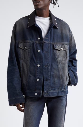 Extralong sleeves extend the rugged Western vibes radiated by this indigo-wash denim jacket roughed up in all the right places and set with a stud-trimmed leather collar. Front button closure Spread collar Adjustable button cuffs Dropped shoulders Chest button-flap patch pockets; side welt pockets Adjustable button side tabs 100% cotton with leather contrast Hand wash, line dry Made in Italy Designer Clothing Rugged Dark Wash Denim Outerwear, Fall Denim Blue Rigid Denim Outerwear, Oversized Indigo Denim Outerwear, Blue Long Sleeve Rigid Denim Jacket, Oversized Indigo Denim Jacket For Fall, Rugged Washed Denim Outerwear, Rugged Washed Denim Jacket, Dark Wash Recycled Denim Jacket, Dark Wash Oversized Outerwear