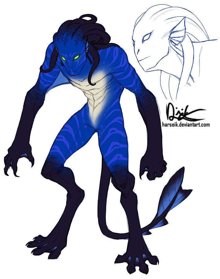 a drawing of a blue demon with green eyes and claws on it's body