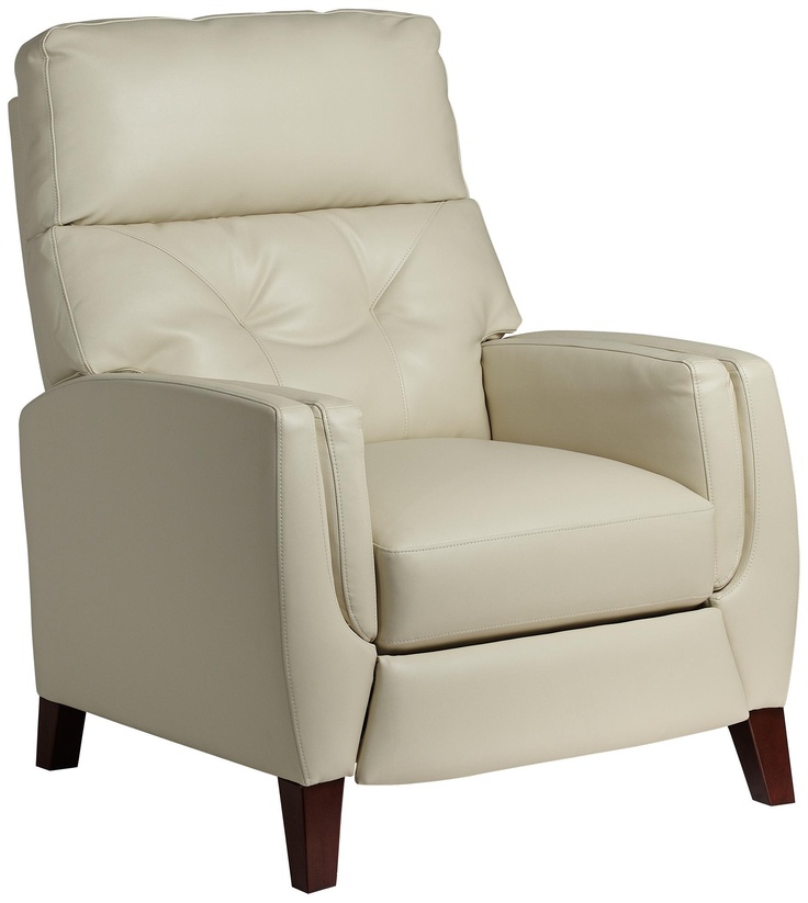 a white leather recliner chair sitting on top of a wooden legrests and legs