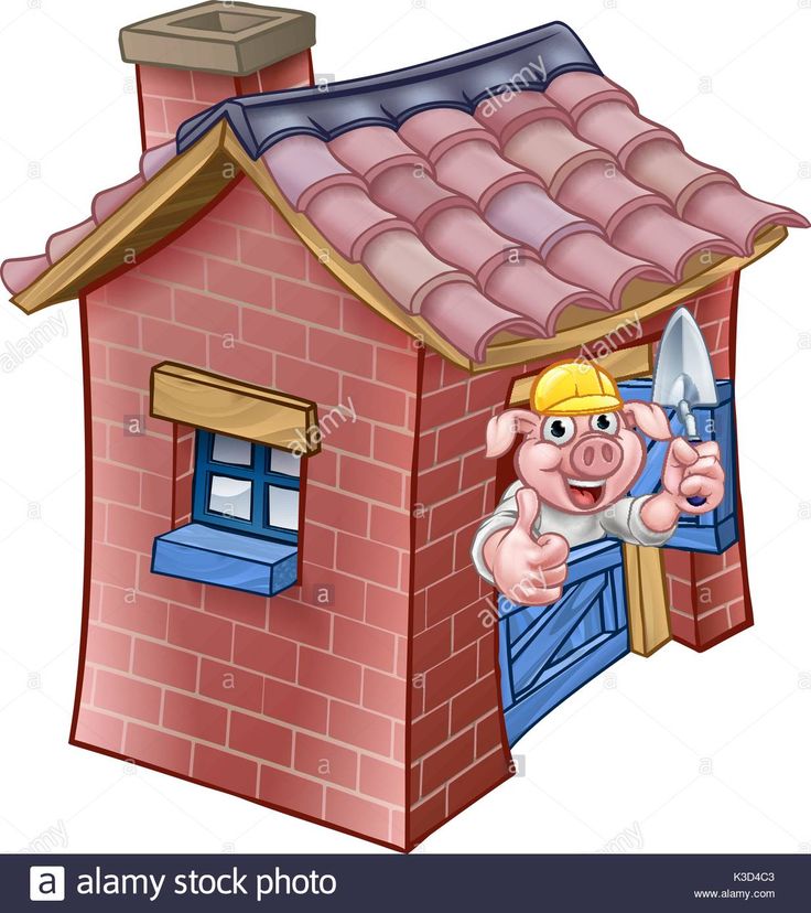 a cartoon pig holding a knife in front of a brick house with a tiled roof