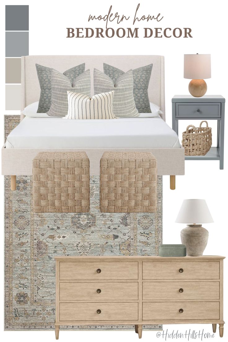 Modern transitional affordable bedroom mood board Bedroom Board Ideas, Light Blue Primary Bedroom, Light Blue Brown Bedroom, Coastal Aesthetic House, Masters Bedroom Interior Design, Neutral Gray Bedroom, Utah Bedroom, Transitional Modern Bedroom, Nyc Room