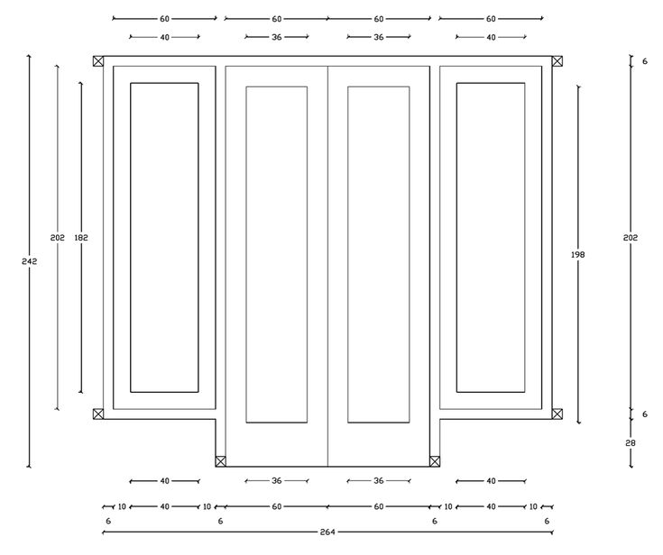 a drawing of the front and back sides of a cabinet with measurements for each door