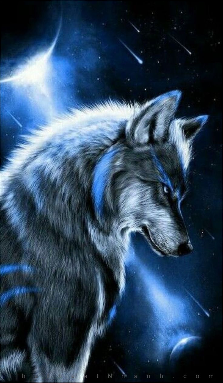 a wolf standing in front of the moon and stars