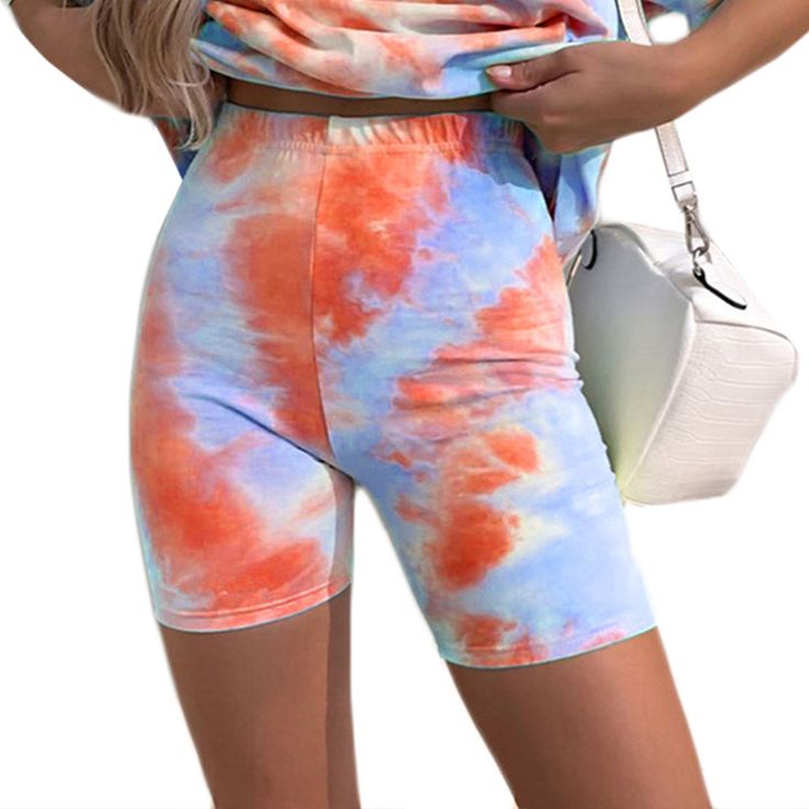 Orange Tie Dye Loose Tops with Shorts Set Casual Multicolor Biker Shorts, Casual Fitted Biker Shorts For Summer, Casual High Waist Biker Shorts For Summer, Casual Multicolor Summer Biker Shorts, Casual Multicolor Biker Shorts For Summer, Casual Summer Biker Shorts Above Knee, Casual Biker Shorts For Summer Vacation, Multicolor Biker Shorts For Summer, Casual Blue Biker Shorts For Summer