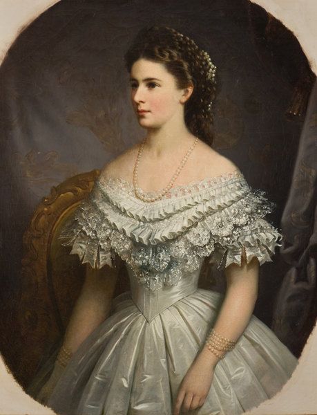 an old portrait of a woman in a white dress with pearls on her head and shoulders