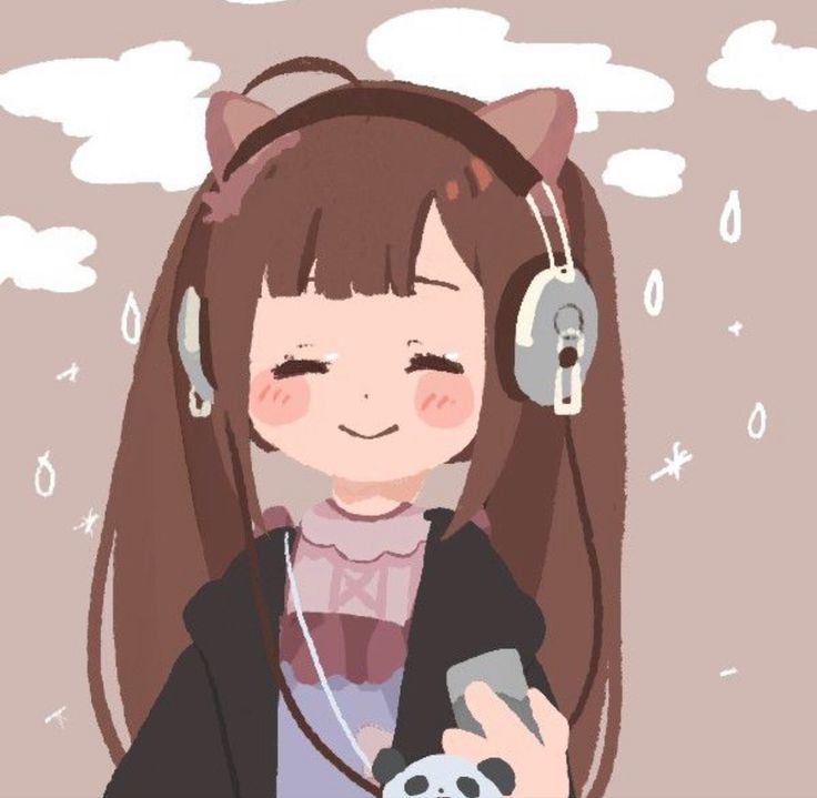 a girl with headphones and cat ears holding a cell phone in her hand while she is listening to music