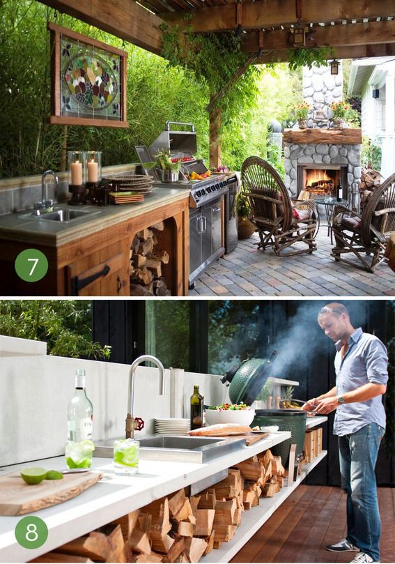 a man standing in front of an outdoor kitchen and cooking food on the stove top