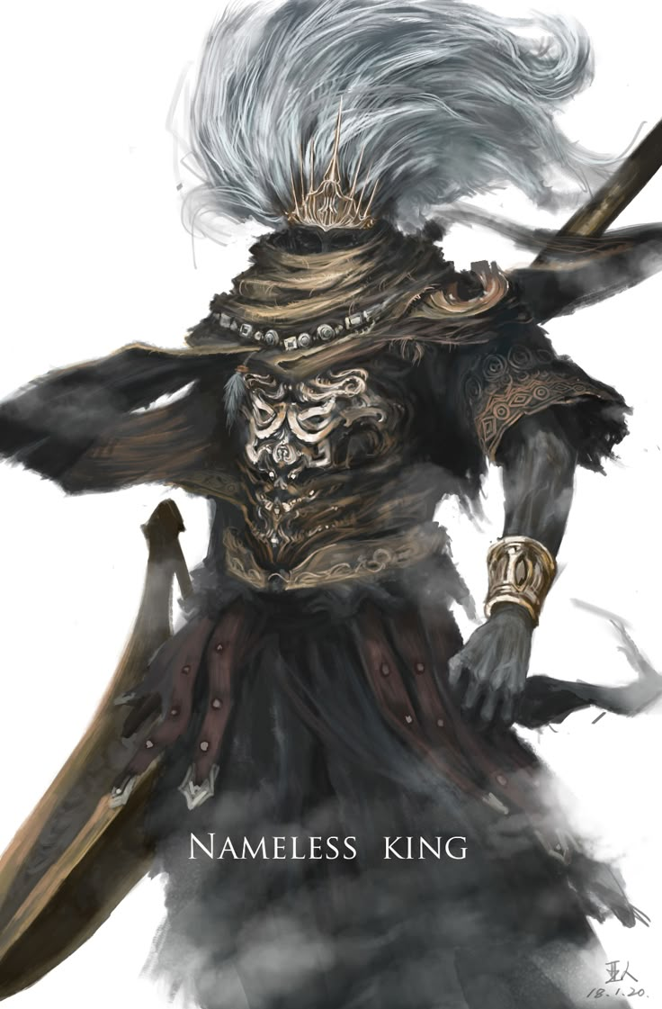 a character from the video game, nameless king with white hair and an elaborate headdress