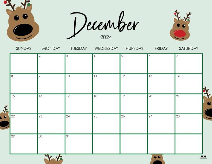 a calendar with reindeer faces on it and the word december written in red, white and green