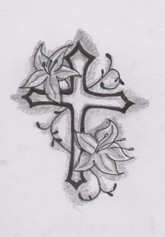 a drawing of a cross with flowers on it