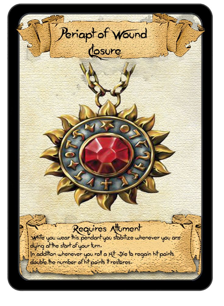 a card with an image of a red jewel in the center and words below it