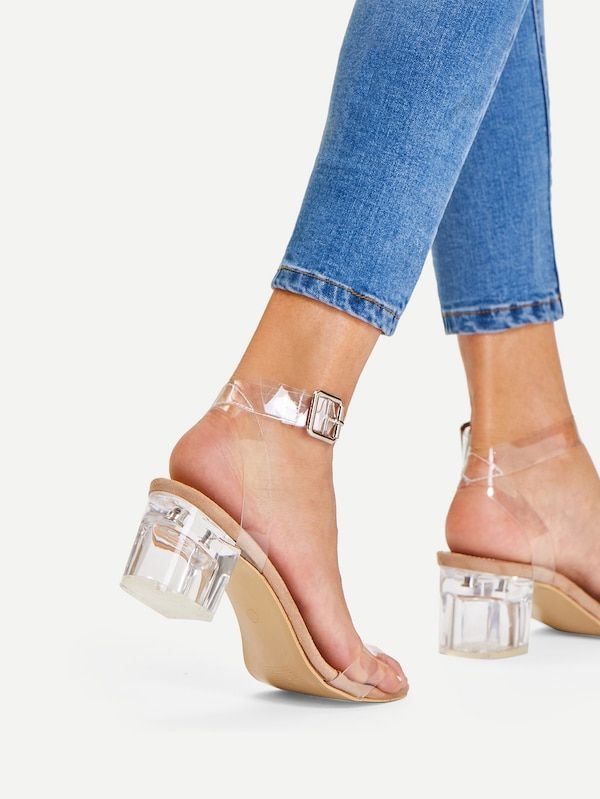 Clear Strap Block Heeled Sandals Summer Heels Outfit, Casual Heels Outfit, Hot Sandals, Heel Sandals Outfit, Clear Block Heels, Heels Aesthetic, Beige Heels, Short Heels, Heels Outfits