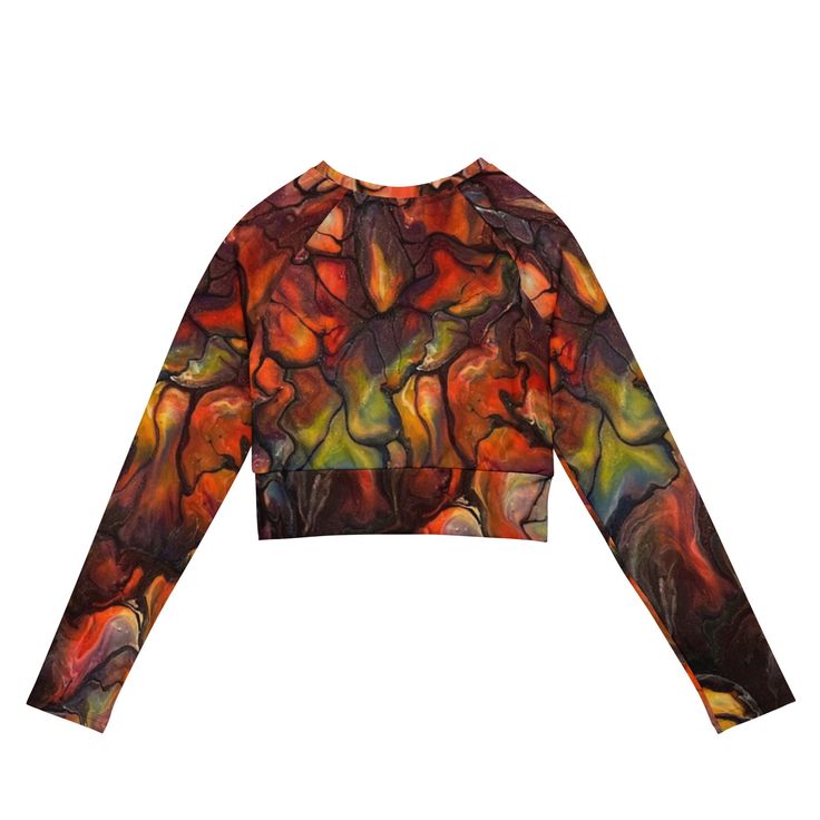 Introducing "Autumnal Beauty" Eco-Friendly Long-Sleeve Crop Top: Embrace Style with a Conscience!Elevate your activewear collection with our stunning "Autumnal Beauty" long-sleeve crop top, meticulously crafted with both style and sustainability in mind. Inspired by the mesmerizing hues of autumn, this original fluid art design brings a touch of elegance to your athletic endeavors and leisurely outings alike.**Eco-Friendly Excellence:**Made from a blend of recycled polyester and elastane, our cr Fall Stretch Long Sleeve Top In Athleisure Style, Fall Stretch Long Sleeve Athleisure Top, Relaxed Fit Tops For Yoga In Fall, Fall Yoga Tops With Relaxed Fit, Relaxed Fit Yoga Tops For Fall, Fall Yoga Crew Neck Tops, Fall Yoga Tops With Crew Neck, Stretch Tops For Yoga In Fall, Long Sleeve Graphic Print Workout Top