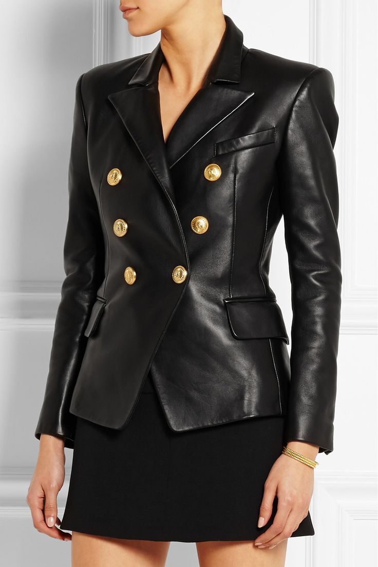 Balmain double-breasted leather blazer Sue Barker, 1940s Suit, Blond Woman, Drawing Female, Black Leather Blazer, Pleather Jacket, Chic Jeans, Black Faux Leather Jacket, Party Dress Long Sleeve