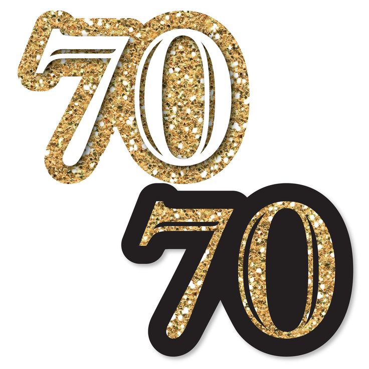 the 70th birthday cake topper has gold glitter on it and is shaped like an seventy