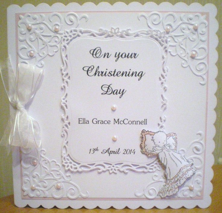 Baby girl christening card using Spellbinders. Baby image is stamped Christening Cards For Boys, Baby Image, First Communion Cards, Christening Card, Confirmation Cards, Baptism Cards, White Cards, Personalised Cards