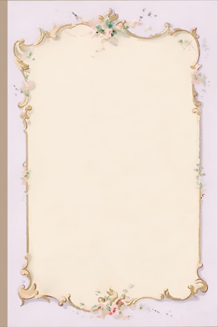 an old paper with gold trimming and flowers on the edges, in front of a white background