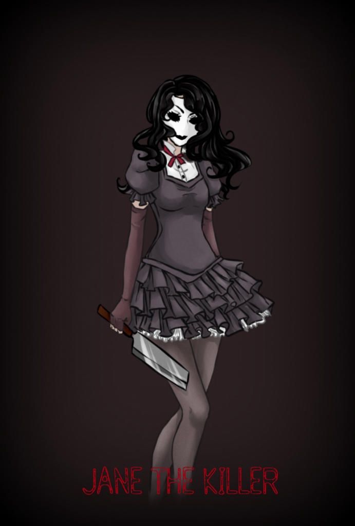 a drawing of a woman in a dress holding a knife with the words jane the killer on it