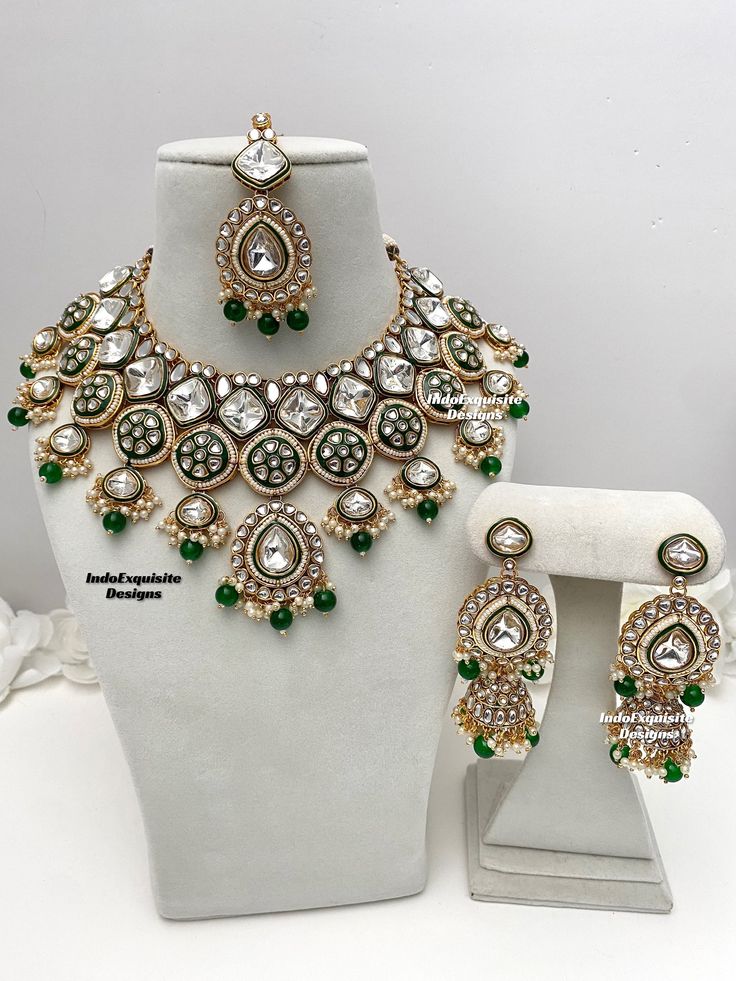 Premium quality Kundan Necklace comes with elegant Jhumki Earrings and Tikka/ Indian Jewelry/Premium Quality Polki and Kundan Jewelry/green    All items are shipped from Brampton, Ontario, Canada. If you need your item by a certain day, please reach out to us for express delivery option before placing the order so that we can update the shipping for you. Standard shipping/delivery timeline Below are the delivery timeline estimates. We dispatch all orders by the next business day. ---> USA delive Green Emerald Jewelry For Festivals, Green Temple Jewelry Bridal Earrings As Gift, Kundan Green Jewelry Gift, Green Kundan Jewelry As A Gift, Green Kundan Jewelry Gift, Green Kundan Jewelry For Gift, Green Kundan Emerald Necklace For Gift, Green Round Kundan Jewelry, Green Emerald Kundan Necklace