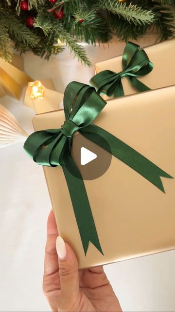 a person holding a wrapped present in front of a christmas tree