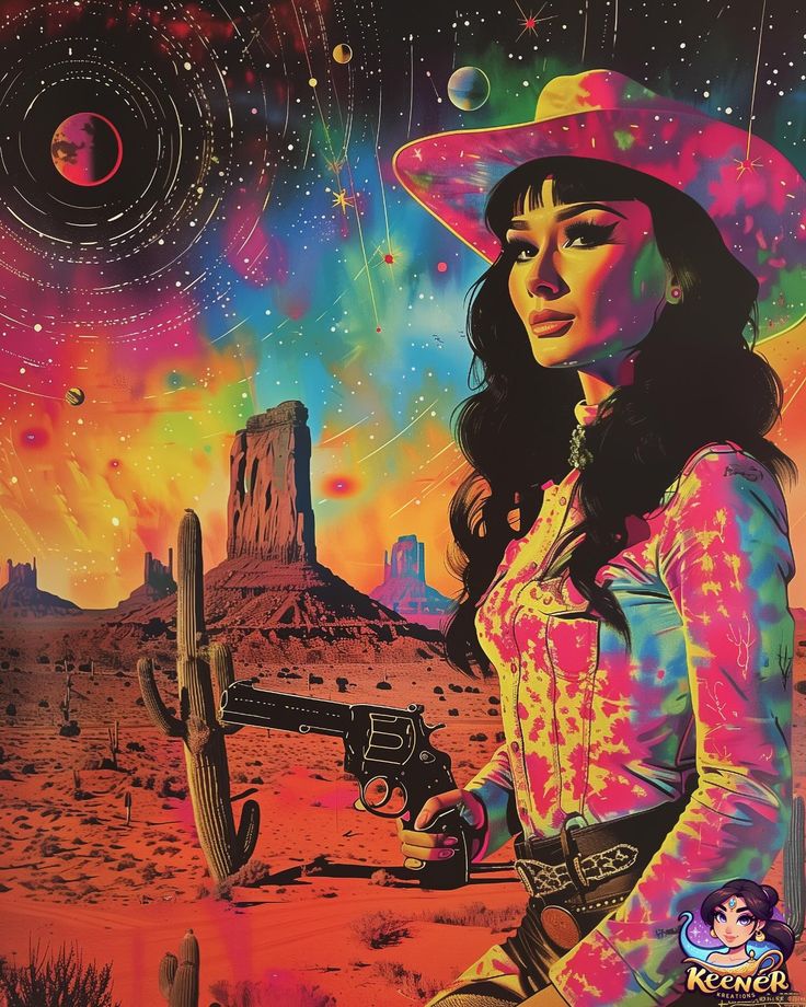 🌌✨ Out here where the wild west meets the wild cosmos. 🌵🔫 She’s ready to duel with destiny. 🌠💫 #CosmicCowgirl #GalacticGrit #ArtisticJourney #PsychedelicArt Wild Cosmos, Neon Goth, Cosmic Cowboy, Cowgirl Disco, Space Cowgirl, Peter Max, Cowgirl Art, Space Cowboy, Space Cowboys