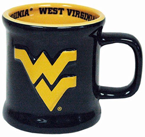 a black and yellow coffee mug with the word west virginia on it's side