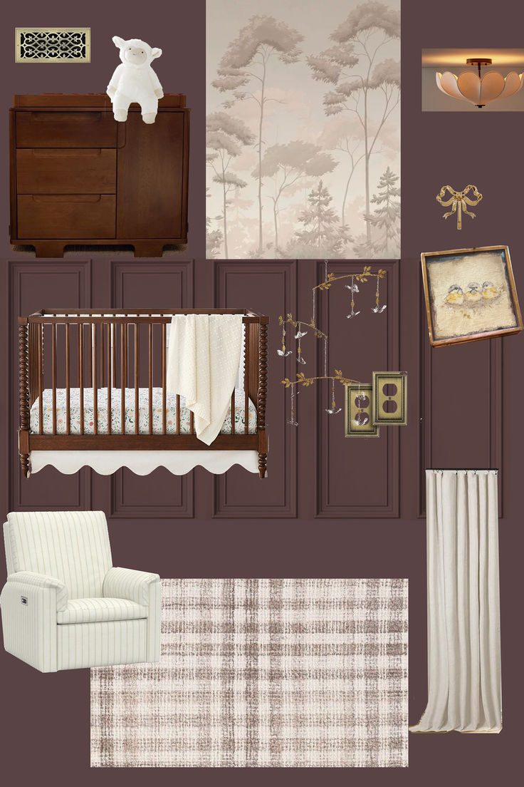 the baby's room is decorated in brown and white