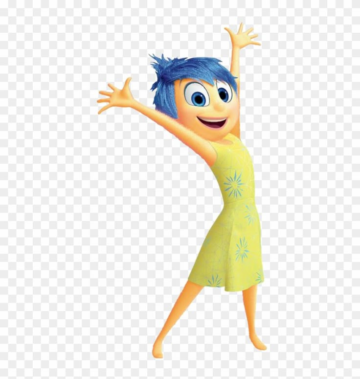 an animated cartoon character with blue hair, wearing a yellow dress and holding her arms in the air