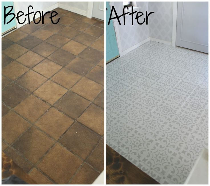 before and after photos of a tile floor