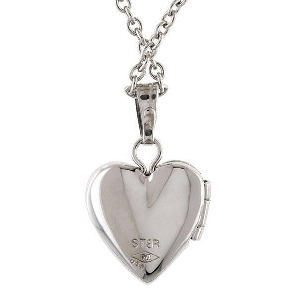 Silver Heart Locket Necklace Silver Sterling Silver Heart Pendant Necklace, White Gold Locket Necklace For Memorial, Formal Sterling Silver Heart Charm Necklace, Classic Sterling Silver Personalized Heart Necklace, Silver Heart Necklace With Polished Finish For Anniversary, Engraved Sterling Silver Heart Cut Jewelry, Classic Sterling Silver Heart Pendant Jewelry, Sterling Silver Heart Charm Necklace For Formal Occasions, Sterling Silver Heart Pendant Necklace For Formal Occasions