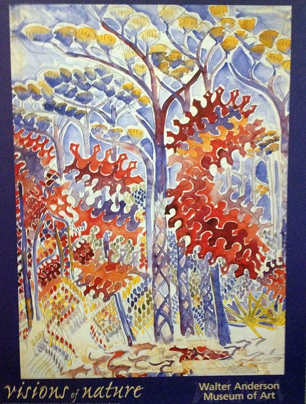 a painting on display in a museum with trees and bushes painted by watercolors