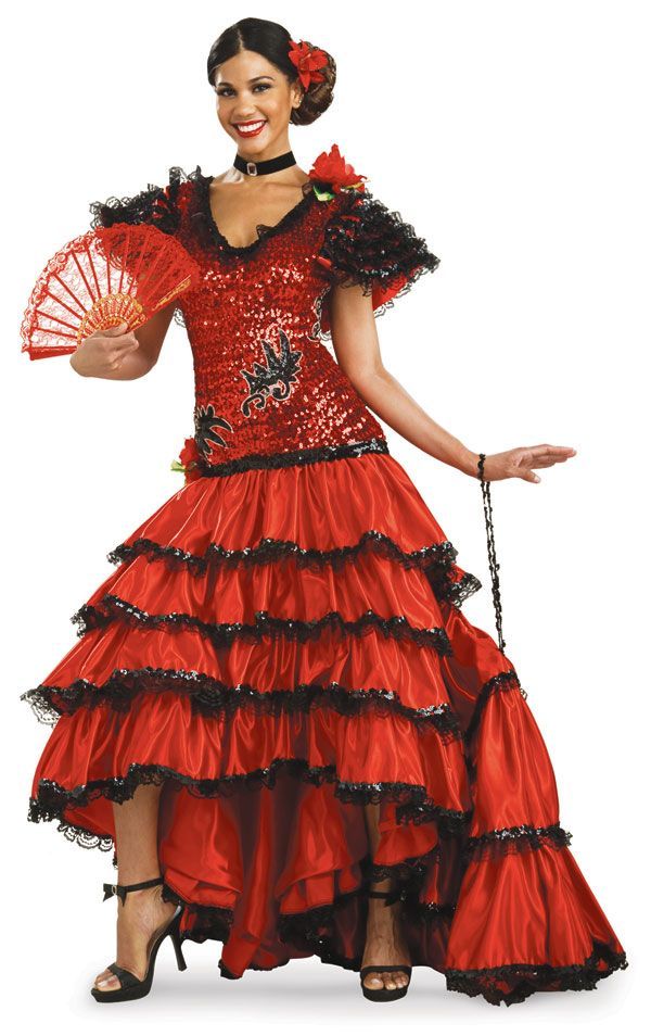 a woman in a red dress holding a fan