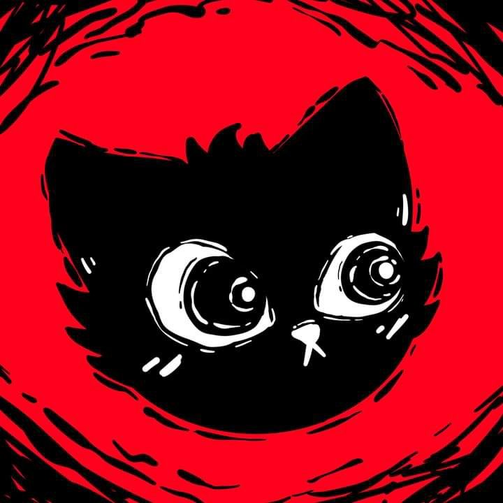 a black and white cat with eyes drawn on it's face in front of a red background