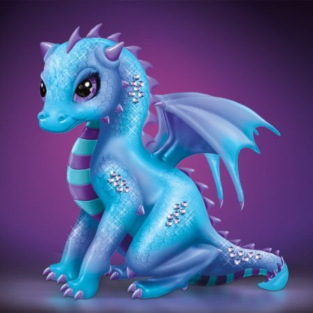 a blue dragon figurine sitting on top of a purple floor next to a black background