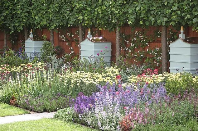 the garden is full of flowers and beehives