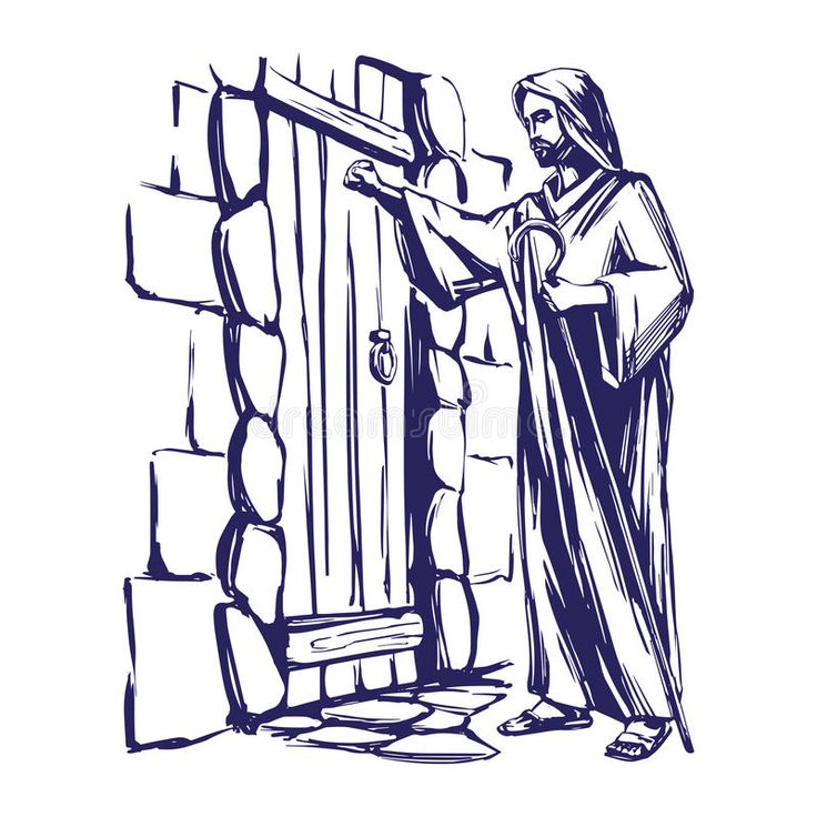 jesus knocking the door to his home in black and white stock photo, royalty illustration