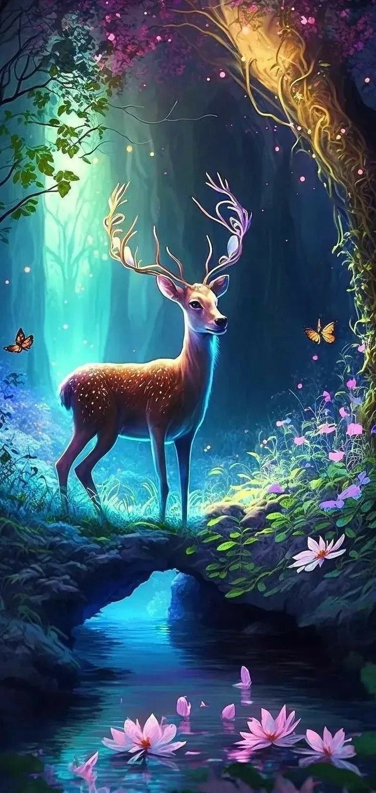 a painting of a deer standing in the middle of a forest next to a stream