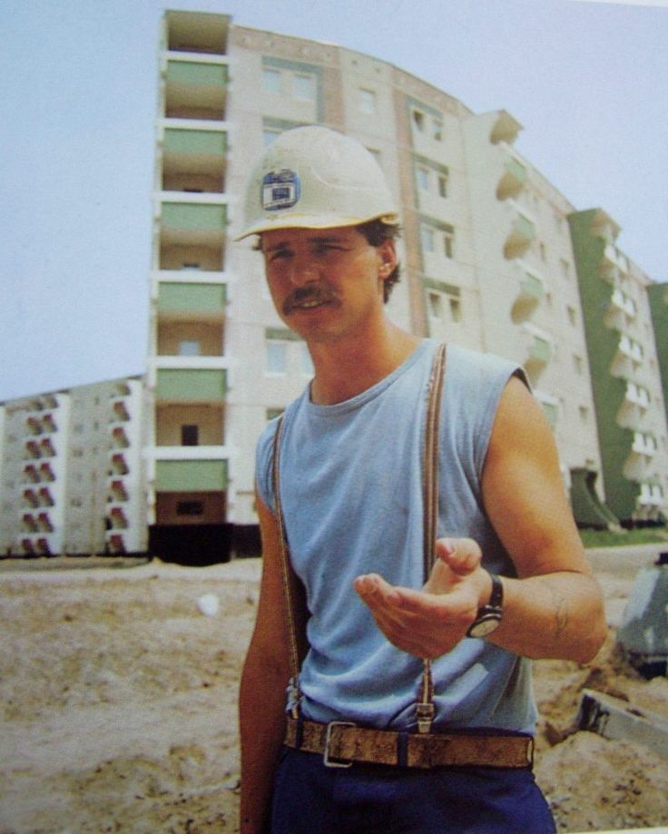 Construction Worker, White Helmet, Sleeveless Shirt, 1980s ... image.