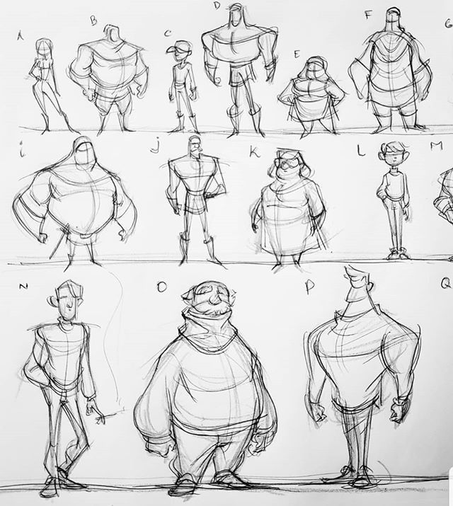 sketches of different poses and body shapes for the character