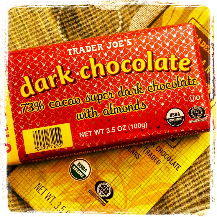 trader joe's dark chocolate bar with almonds on the wrapper next to it