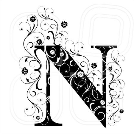 the letter n is decorated with flowers and swirls in black on a white background