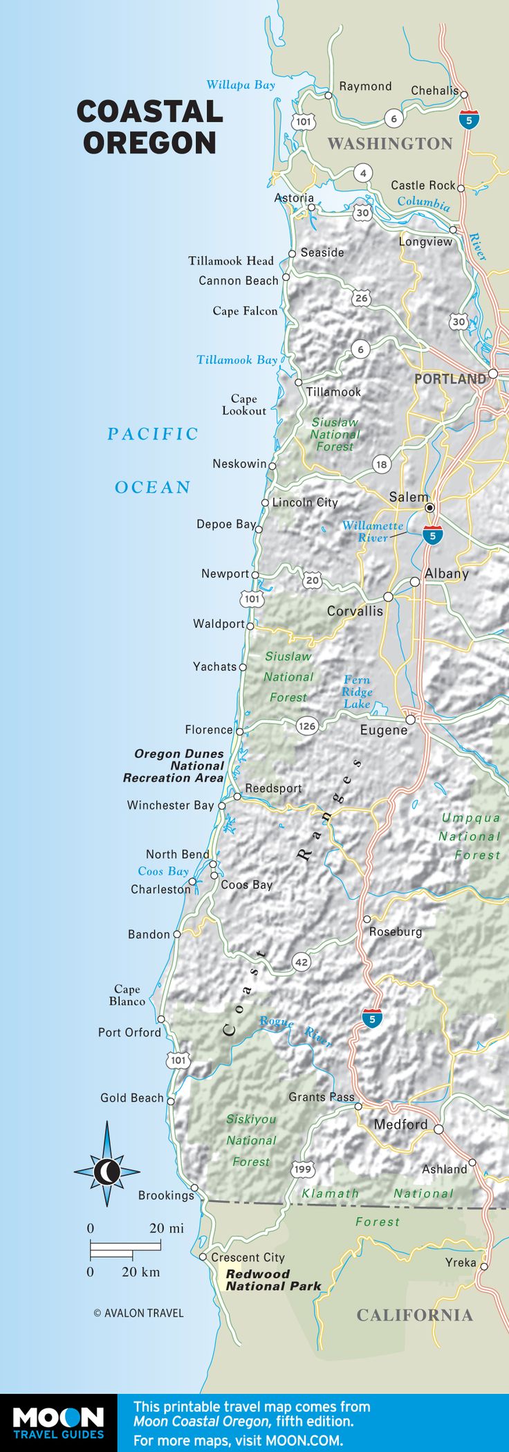 a map of the coast of oregon with all its major cities and towns on it