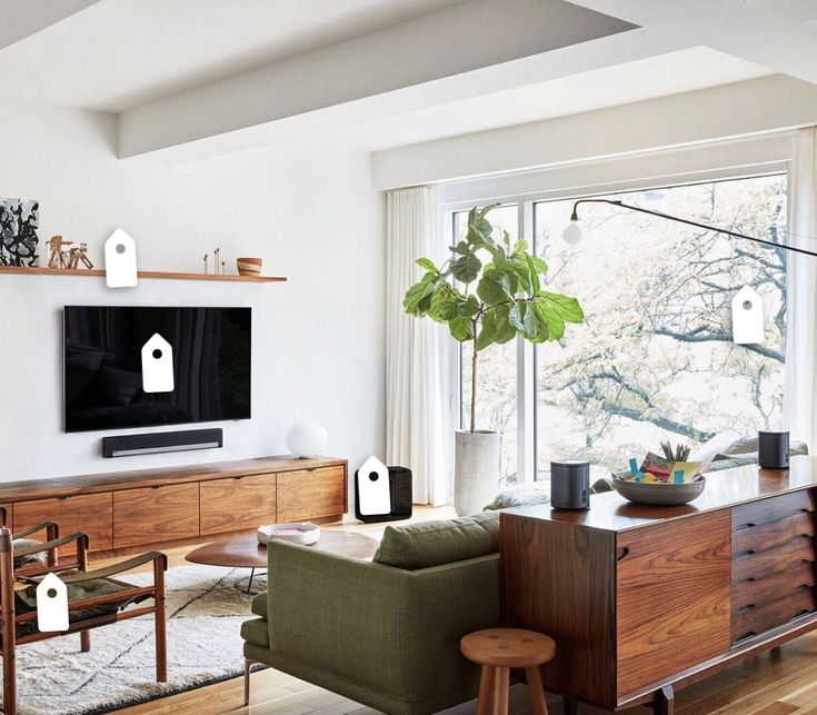 a living room filled with furniture and a flat screen tv on top of a wall