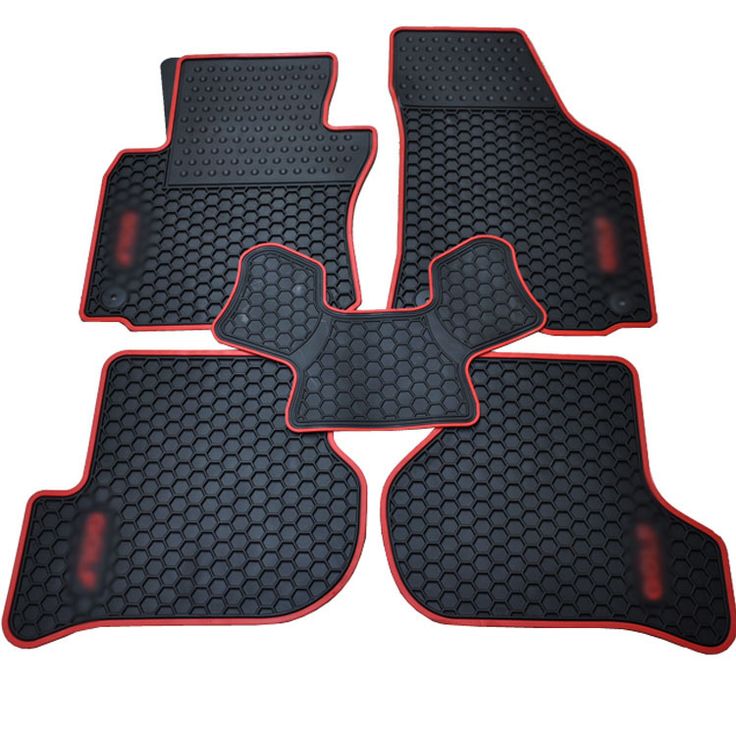 four black and red floor mats with the number 5 on each one, all in different colors