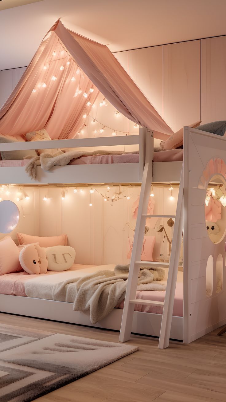 a bedroom with bunk beds and lights on the ceiling, in front of a bed tent