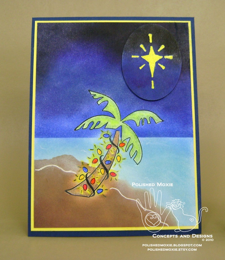 a greeting card with a palm tree on the beach and a star in the sky