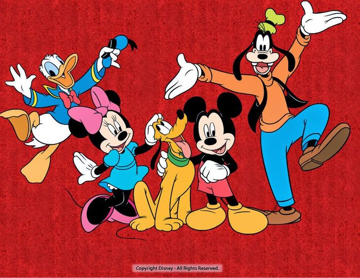 mickey mouse, goofy and pluto dancing together in front of a red background with other cartoon characters