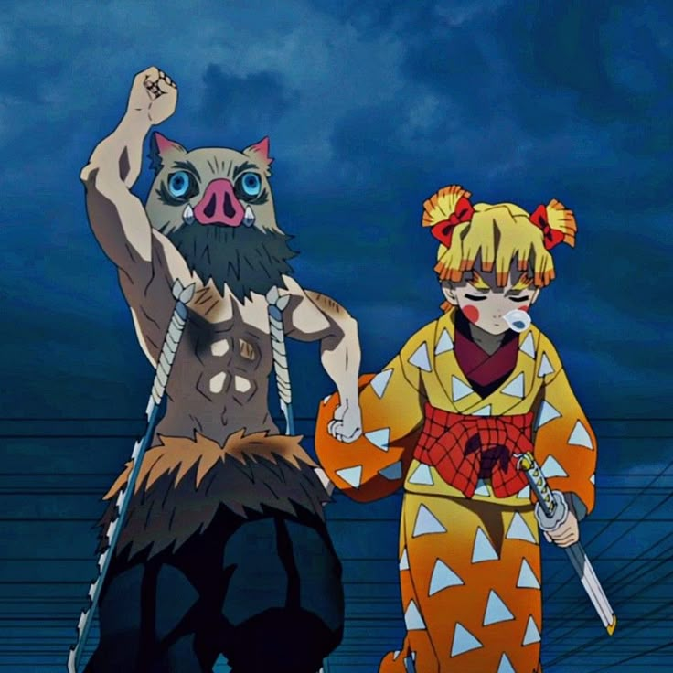 two anime characters standing next to each other in front of a dark sky with clouds